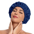Reusable Shower Cap for Women, Stylish Large Waterproof Shower Bonnet Washable Wide Elastic Band Hair Cap for Long Hair, Braids Bath Hat(Navy)