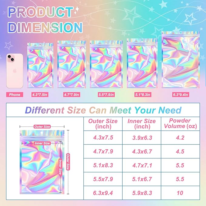 ANZNKU 100 Pack Mylar Bags Reasealable Holographic Bags, Smell Proof Bag Zipper Pouches with Clear Window, Jewelry Candy Sealable Bag for Packaging Sample Party Favor (5.1 x 8.3 Inch)