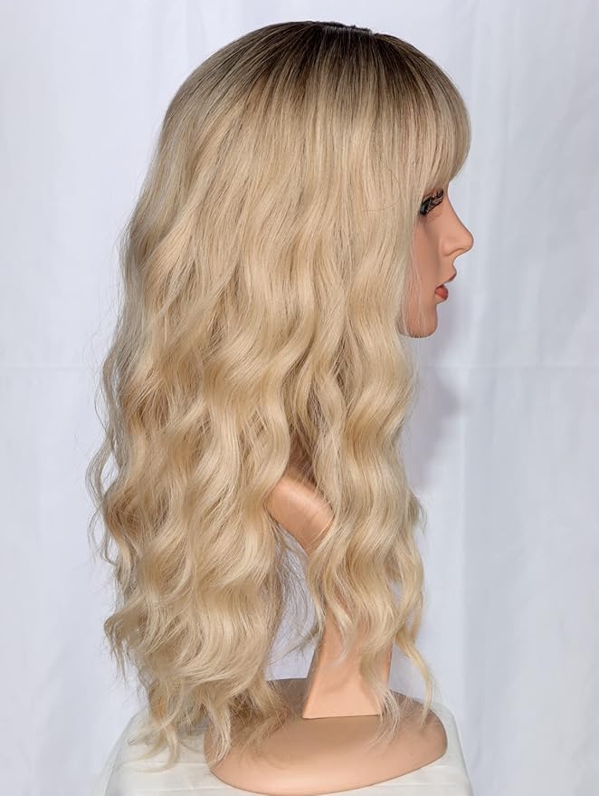Medium Long Blonde Wavy Wigs For Women Synthetic Full Hair Wigs With Bangs For Daily Use (Blonde)