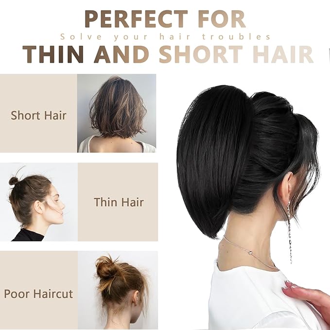 10 Inch Short Ponytail Extension - Soft Straight Pony Tails Hair Extensions, Claw Clip Ponytail Extension, Natural Short Hair Extensions Ponytail, Synthetic Hair Pieces for Women (Color: Black Brown)