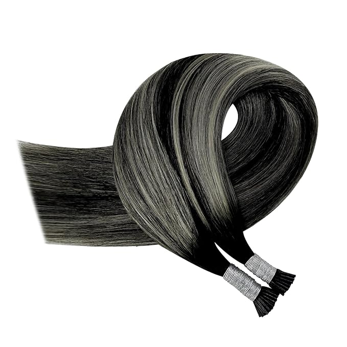 YoungSee Itip Human Hair Extensions Ombre Black 22 Inch I Tip Extensions Silver with Black Balayage Itip Extension Human Hair Pre Bonded Hair Extension Itips Hair Extension Long Hair 50s 50g
