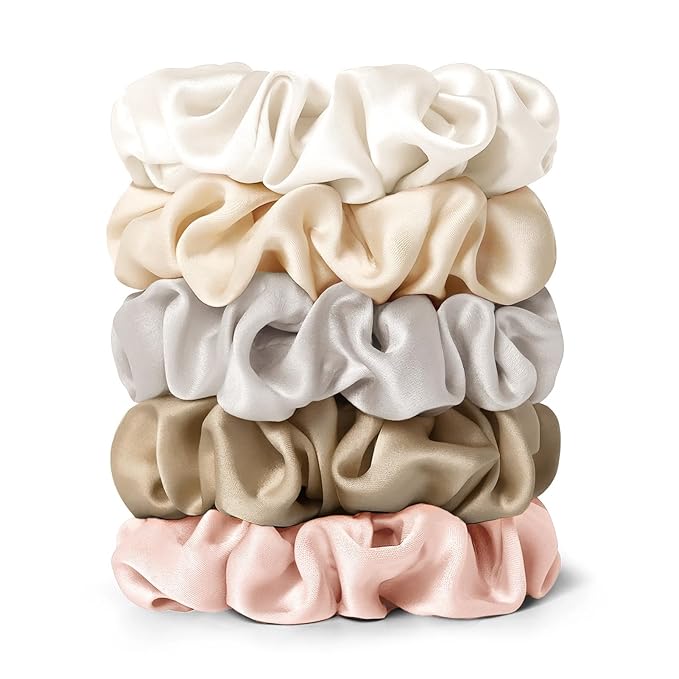 LILYSILK Silk Hair Scrunchies Ties for Frizz & Breakage Prevention 100% Mulberry Elastic Ponytail Holder 5PC (ivory+light coffee+pale pink+coffee+gravel gold)