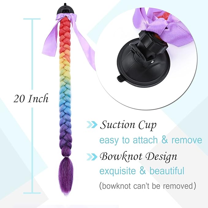 SEGO 1PCS/2PCS Helmet Pigtail Braids with Detachable Suction Cup Bowknot Ponytail Hair Many Colors (Helmet not Included)