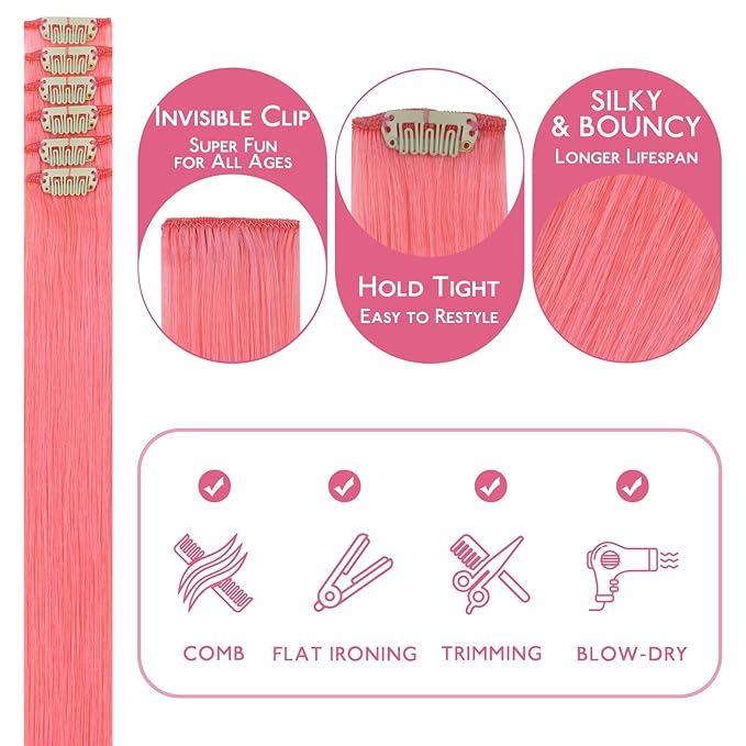 WENNALIFE Light Pink Clip in Hair Extensions Real Human Hair 35g 6pcs 14 Inch Colored Hair Extensions for Kids Women Colorful Hair Pieces Pop-up Style Straight Extensiones De Cabello Humano Con Clip