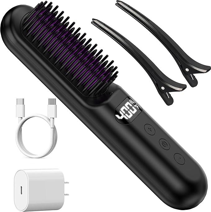 YFG Cordless Hair Straightener Brush, 10000mAh Battery, Ionic Thermal Wireless Hot Hair Brush Heat Comb (Black), Portable