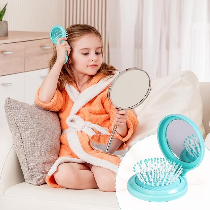 RHOS Folding Brush with Mirror for Women, Men & Kids - Compact, Portable, and Foldable for Travel, Purse or Pocket (Blue)