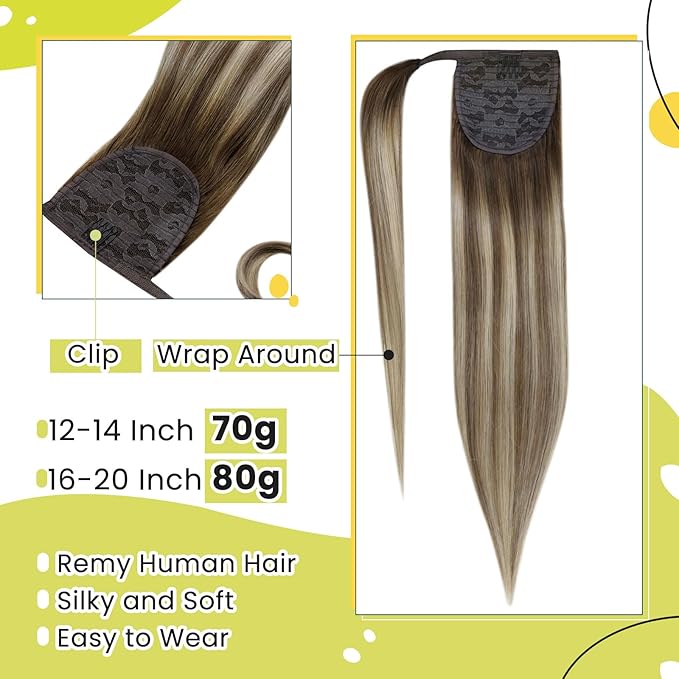 RUNATURE Ponytail Extension Human Hair Balayage Blonde Short Ponytail Human Hair Extensions Clips 12 Inch 70g Ombre Walunt Brown Fading to Ash Brown with Light Blonde Pony Tail Hair Extension Short