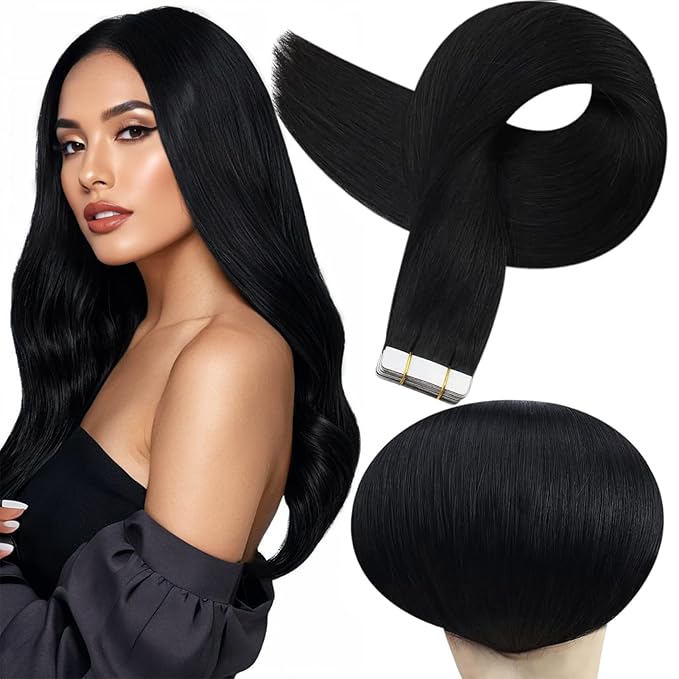 Full Shine Human Hair Tape in Extensions Invisible Skin Weft Color 1 Black Tape in Extensions Real Human Hair 24Inch Long Extension 100G 40Pcs Natural Straight Add Length for Wedding