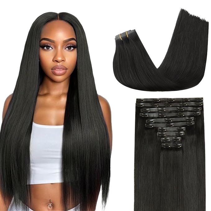 Lashey Seamless Clip in Hair Extensions Real Human Hair Invisi Edge 10pcs 190g 16 Inch Thick Straight Clip in Hair Extensions with PU Weft Natural Black for Women Full Pack
