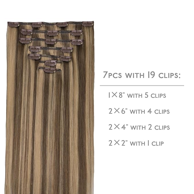 WENNALIFE Clip in Hair Extensions Real Human Hair, 18 Inch 120g 7pcs Remy Hair, Balayage Chocolate Brown to Caramel Blonde Hair Extensions Clip In Real Hair Coloured