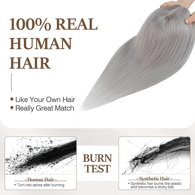 Rich Choices Hair Toppers for Women Real Human Hair 100% Human Remy Toppers NO Bangs for Women with Thinning on Top Clip in Hairpiece 4"x4.7"Lace Base 12 Inch Gray