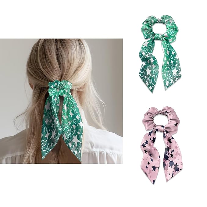 Pack of 2 Star Knotted Bow Hair Scrunchies Elastic Hair Scarf Green Pink Ribbon Scrunchies with Long Tails Stylish Silky Scrunchy Decor