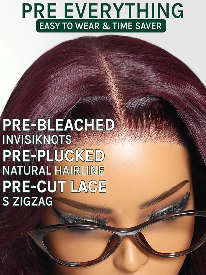 KLAIYI Black Cherry Loose Body Wave Bye Bye Knots Glueless Wig 7x5Precut Lace Front Wigs Human Hair Drawstring Pre Plucked Bleached 30S Ready to Wear and Go Wig with Face Framing Bangs Burgundy 18Inch