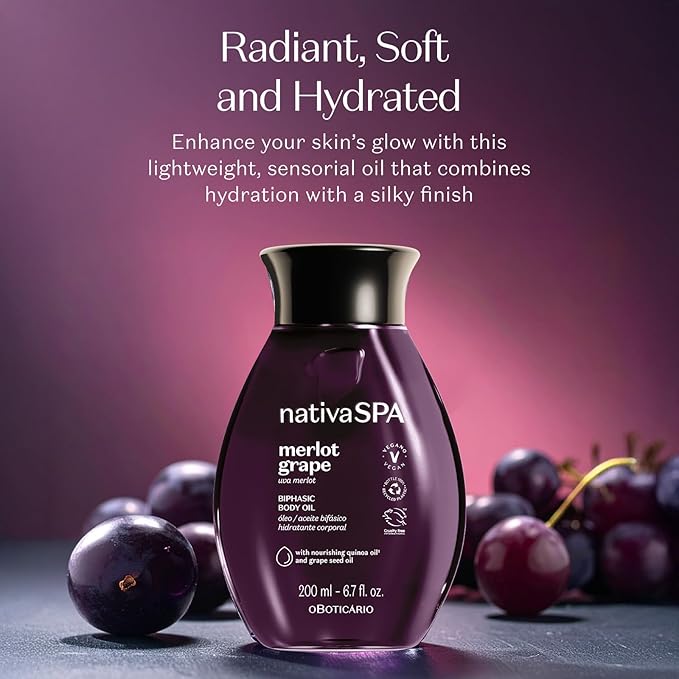 Nativa SPA by O Boticário Merlot Grape Biphase Body Oil, with Quinoa & Grapeseed Oils, Silky Glow with Hydration, 6.7 Ounce (200ml)