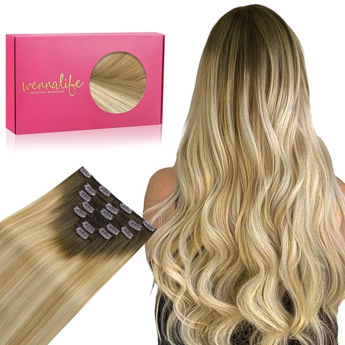 WENNALIFE Clip in Hair Extensions Real Human Hair, 22 Inch 120g 7pcs Remy Hair, Balayage Light Ash Brown to Light White Blonde Hair Extensions Clip In Real Hair Coloured