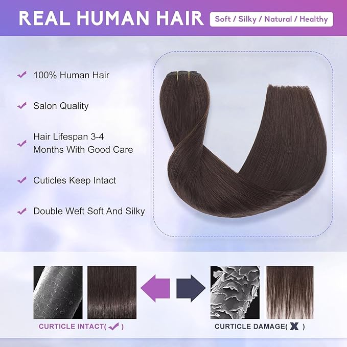 Dark Brown Clip in Hair Extensions Real Human Hair Invisible Seamless Remy Human Hair Clip in Extensions for Women 20Inch 105g, 8pcs Per Set with Double Weft