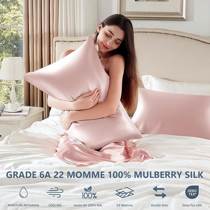 Silk Pillow Cases Standard Size 100% Mulberry Silk Pillowcase for Hair & Skin 22 Momme Both Sided Grade 6A Silk Cooling Soft Breathable 20 x 26 Inches with Hidden Zipper 1PC, Pink