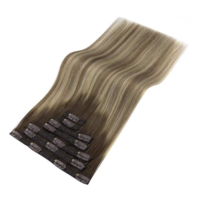 YoungSee 150G Balayage Clip in Hair Extensions Real Human Hair Ombre Hair Extensions Clip ins Walnut Brown Ombre Light Brown with Blonde Clip on Hair Extension for Women 20inch 7pcs