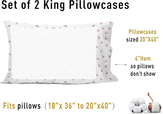 Sunflower King Pillowcases Set of 2, 100% Cotton King Size Pillow Cases 2, 20×40 inches Pink Posy, Soft and Breathable