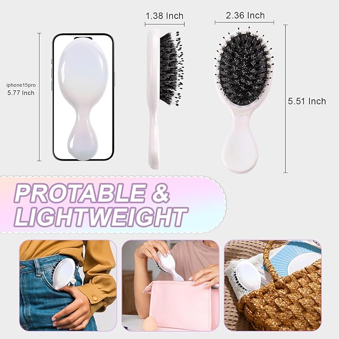 Mini Boar Bristles Hair Bursh, Travel Size Hair Brush for Women Men Kids, Protable Small Hair Brushes for Pockets Purses, Mini Hair Brush for Smooth Add Shine (1 Pack-White)