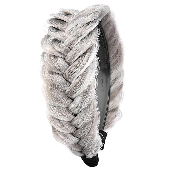 DIGUAN Wide Messy Braided Headband With Teeth Synthetic Hair Plaited Headband High Elasticity Braids Chunky Fishtail Braided Hair Band Hairpiece for Girls Women Beauty Accessory (Smoky Gray)