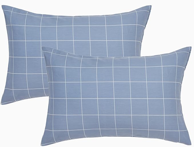 JELLYMONI 100% Natural Cotton Plaid King Pillowcases Set, 2 Pack Blue Checkered Pattern Printed Pillow Covers with Envelope Closure (Pillows are not Included)