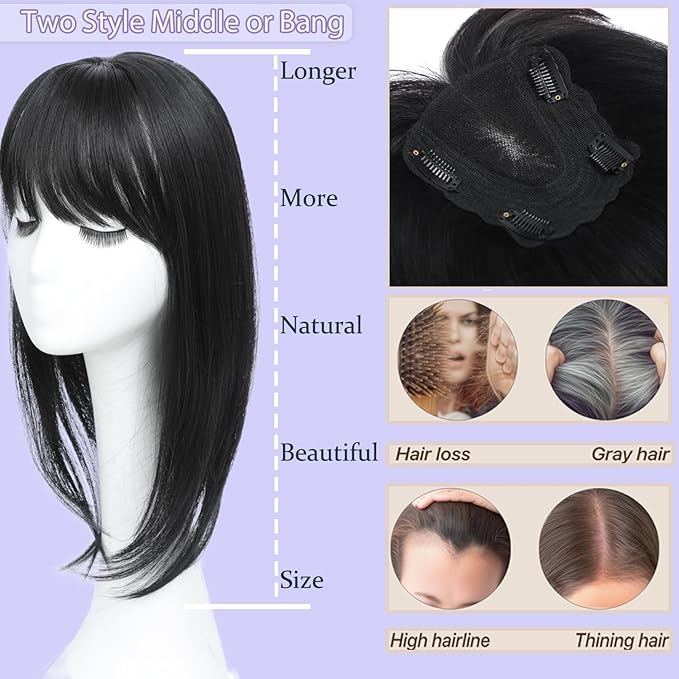 Hair Toppers for Women Real Human Hair, 360°3D Topper for Women with Thinning Crown Wispy Clip in Bangs Breathable Hand Tied Craft Big Coverage Hairpieces(Dark Brown（Big Coverage）, 14 Inch-3D-Wispy)