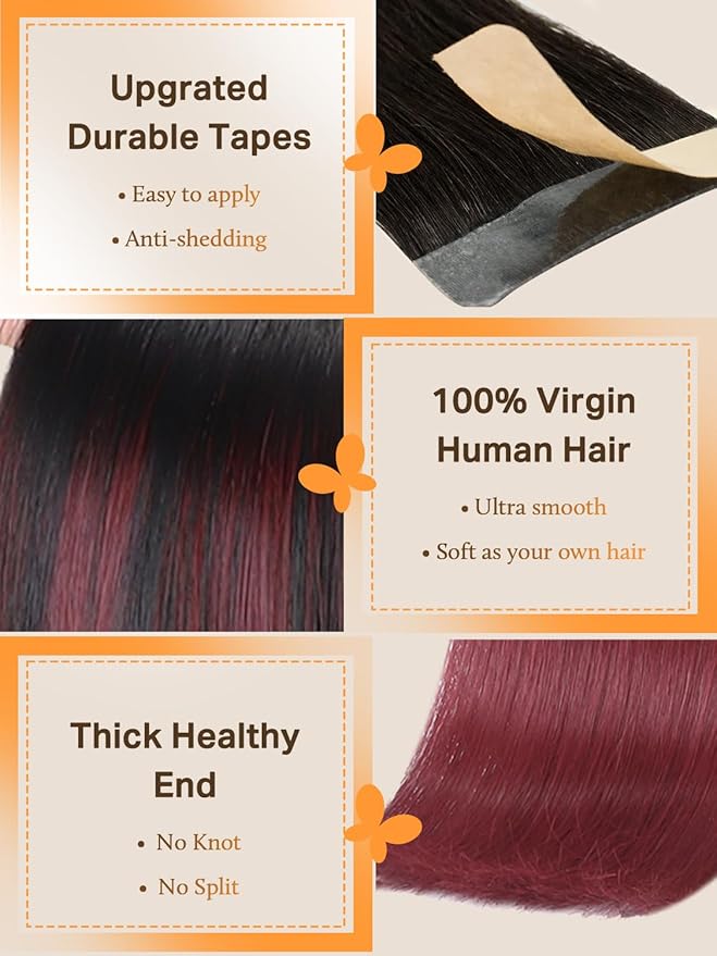 DOORES 16 Inch Tape in Hair Extensions Ombre Jet Black to Red Real Human Hair Extensions Tape in Straight Hair Extensions Natural Hair Skin Weft 50g 20pcs