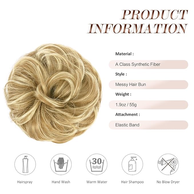 FESHFEN Messy Bun Hair Piece - Large Elastic Wavy Curly Hair Bun Scrunchies Ponytail Extensions Synthetic Chignon Hairpieces for Women, Sunny Blonde 1.94oz