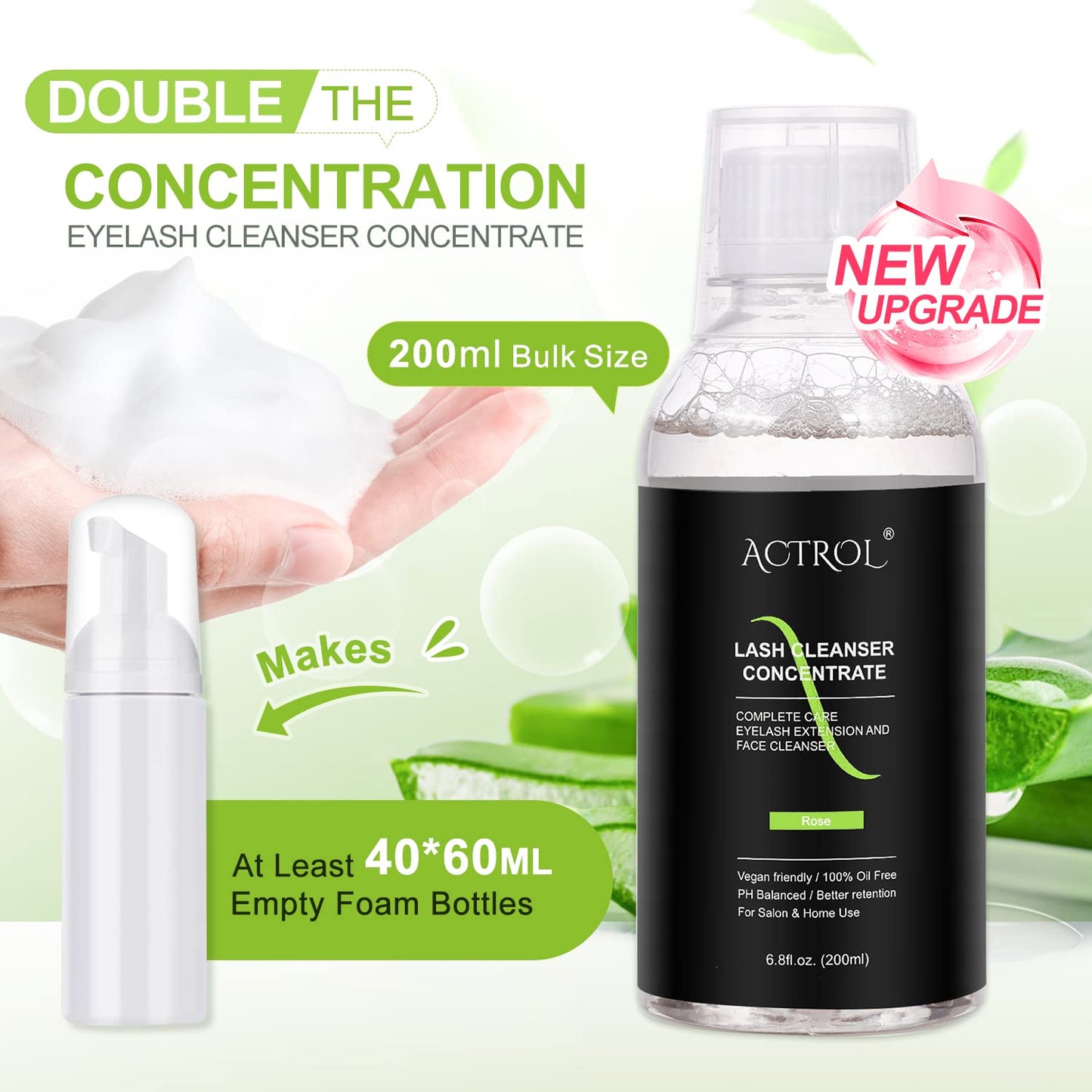 Eyelash Cleanser Concentrate 200ml Aloe Professional Lash Shampoo Foaming Cleanser Lash Wash Concentrate for Extensions Lashes with Salon Home Care-Makes 40 Bottles