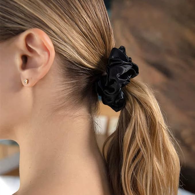 Suncdelv Silk,100% Silk Scrunchies for Hair,22 Momme Hair Ties for Anti-Crease & Breakage,Natural Women Hair Accessories，Fashion Hairbands 3PCS （Black）