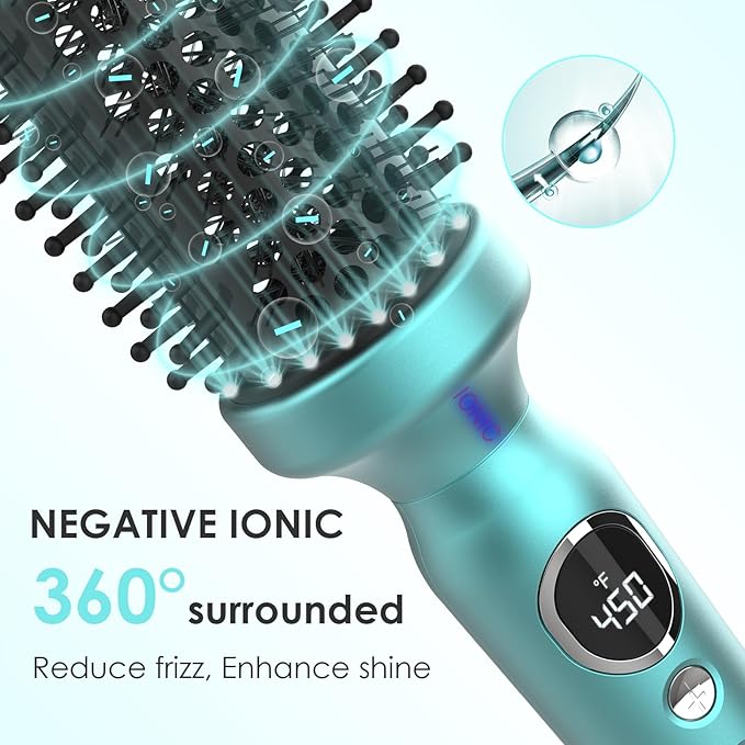 1 1/2 Inch Thermal Brush Negative Ion Heated Round Brush Dual Voltage 12 Temperature Settings Curling Hairbrush for Medium Long Hair (1.5 Inch Barrel 2.1 Inch Bristles)