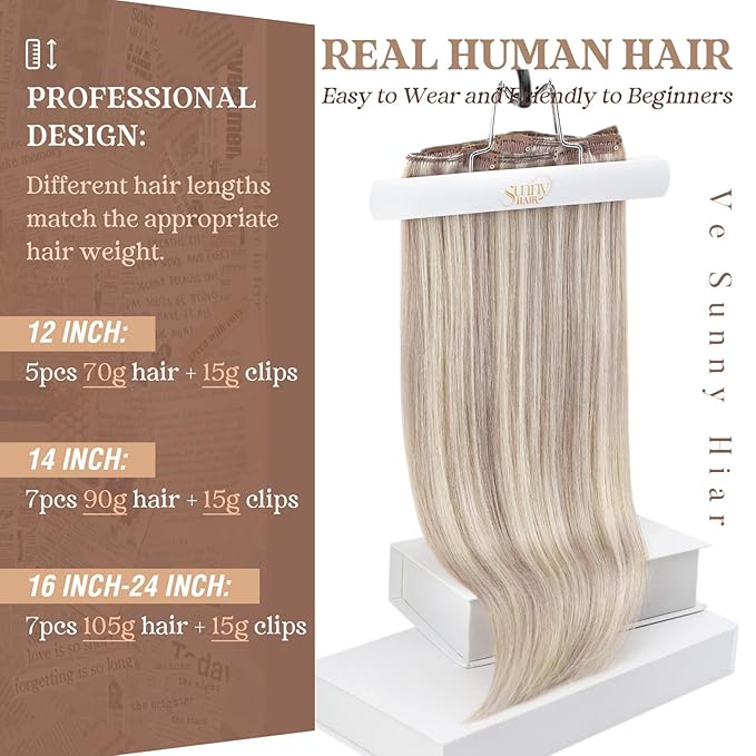 Ve Sunny Human Hair Clip in Extensions Ash Blonde Highlight Bleach Blonde Real Human Hair Extensions Clip ins for Thick Hair 120g 7pcs 14inch