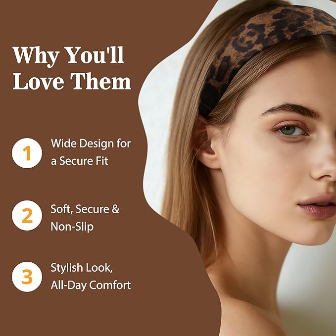 Ivyu 2 Pack Wide Leopard Headbands for Women, Non-Slip Elastic Hair Bands Soft Fabric Head Band for Daily Wear, Makeup, Travel Fashion Hair Accessories for Girls