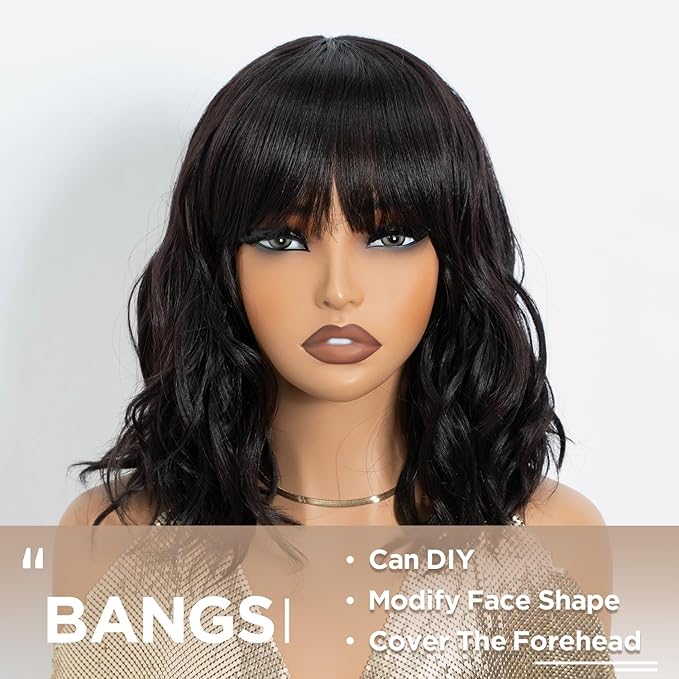 NOBLE Bob Wig with Bangs Short Wavy Wig for Women Dark Brown Shoulder Length Wig Heat Resistant Synthetic Wigs for Daily Party Use 12 Inches