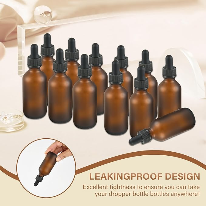 12 Pcs, 2oz Dropper Bottle, Amber Glass Eye Dropper Bottle, Tincture Bottles with Dropper, Pretty Finish, Leak-Proof Design, Stronger Suction for All Kinds of Mixed Liquids