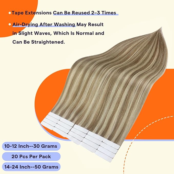 Full Shine Tape in Hair Extensions Human Hair 18 Inch Color 16 Highlight 22 Blonde Invisible Tape in Extensions 50 Grams Human Hair Extensions Tape Ins 20 Pieces for Wedding