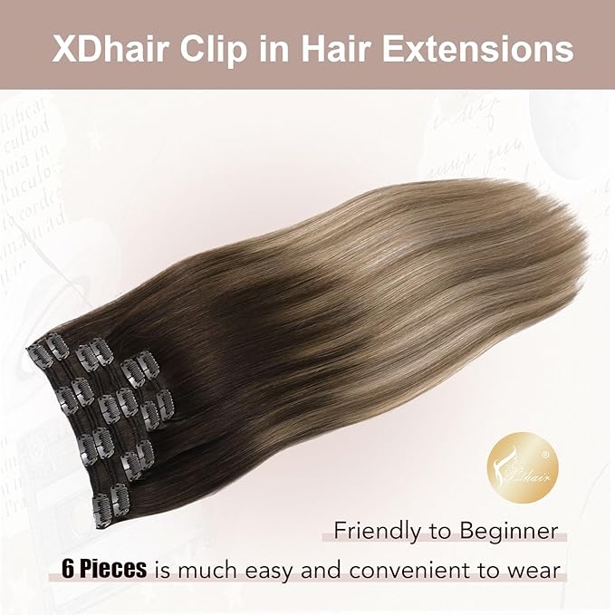 XDhair Human Hair Clip in Extensions 100g 6pcs Balayage Clip in Hair Extension Ombre Hair Extensions Clip ins Dark Brown to Dirty Blonde 14 Inch #2/6/18
