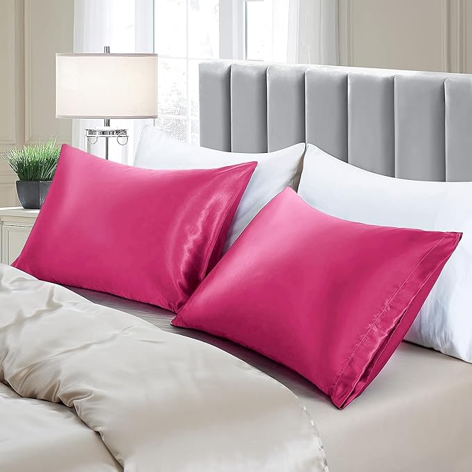 Aormenzy Satin Pillow Cases for Women Standard Size Set of 2, Hot Pink Satin Pillowcase for Hair with Envelope Closure Silky Pillow Covers Wrinkle, Fade Resistant (20x26 Inches)