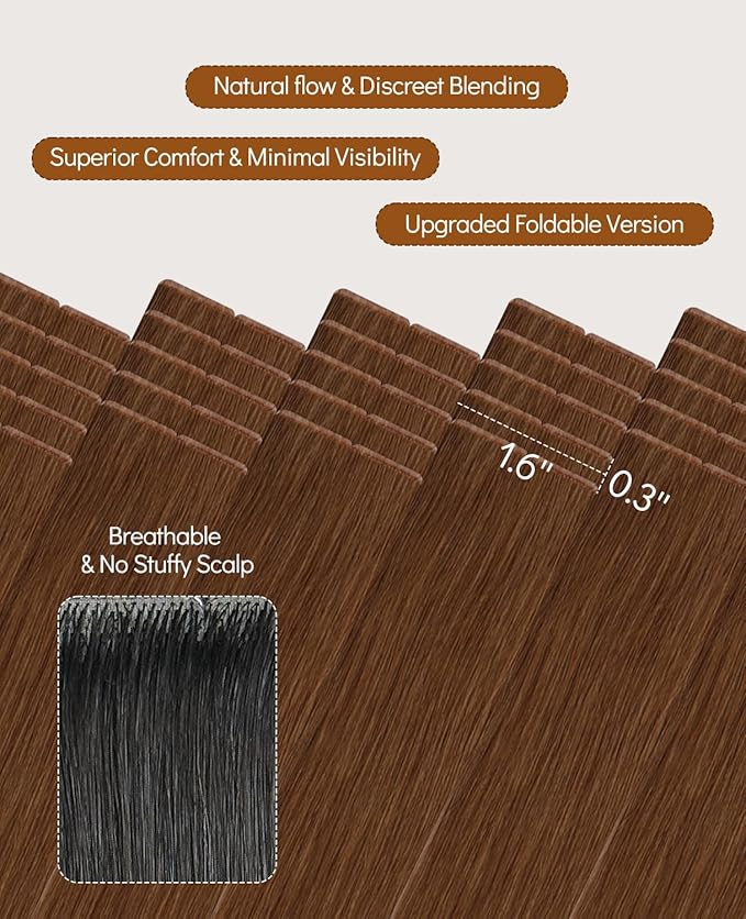 VINBAO 60g Invisible Tape in Hair Extensions Copper Seamless Invisi Edge Tape in Hair Extensions Auburn Ginger 22in 20pcs Injected Tape 22inch #33