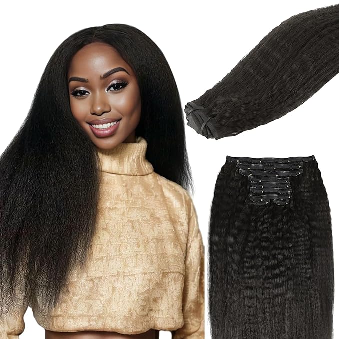 Lashey Clip in Hair Extensions Real Human Hair 150g Kinky Straight 9pcs Seamless Clip in Hair Extensions, 22 Inch #1B Natural Black 100% Real Soft Human Hair for Women