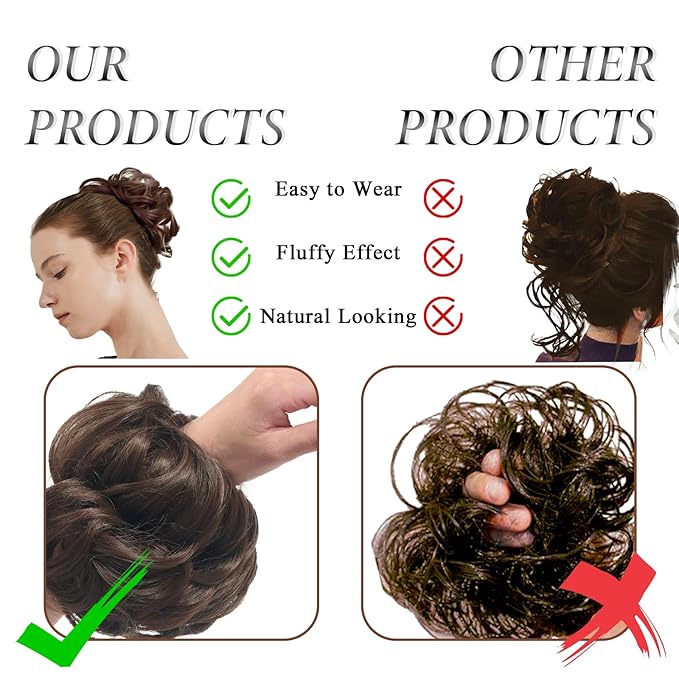 Large Messy Bun Hair Piece Curly Synthetic Extensions Scrunchies Fake Chignon Updo Hairpieces for Women Medium Natural Brown
