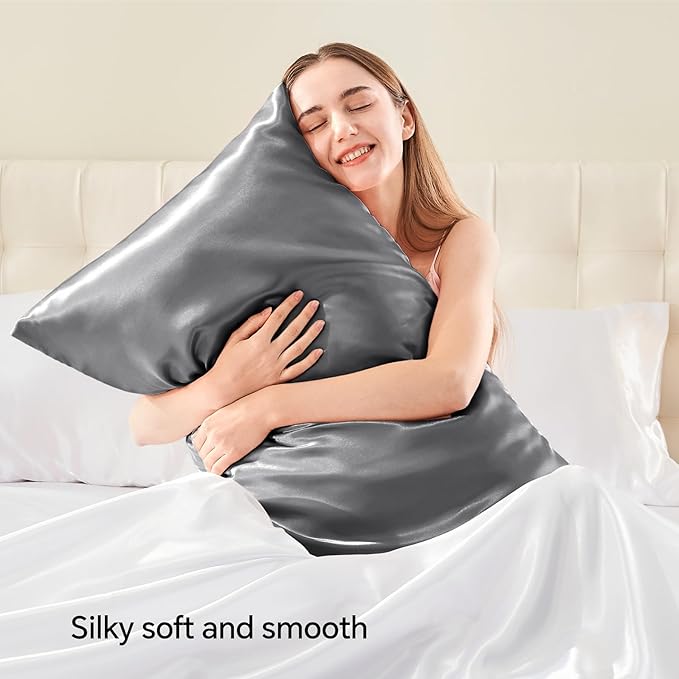 BEDELITE Satin Pillowcase with Zipper 4 Pack, Dark Grey Pillow Cases Standard Size, Super Soft and Cooling Similar to Silk Pillow Cases, Gift for Women Men(20x26 Inches)
