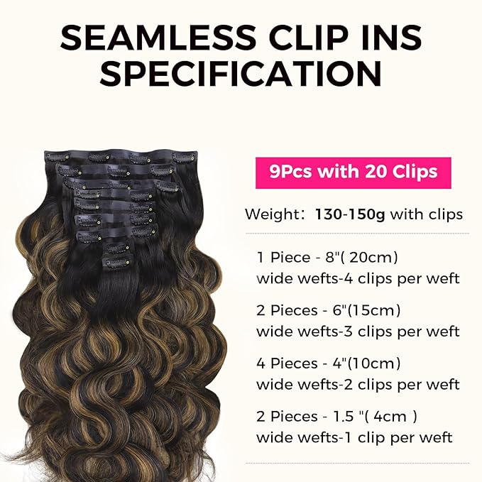 Lashey Seamless Clip in Hair Extensions Human Hair 150g 9pcs 20 Inch Body Wave Natural Black Mixed Chestnut Brown Clip in Hair Extensions for Women