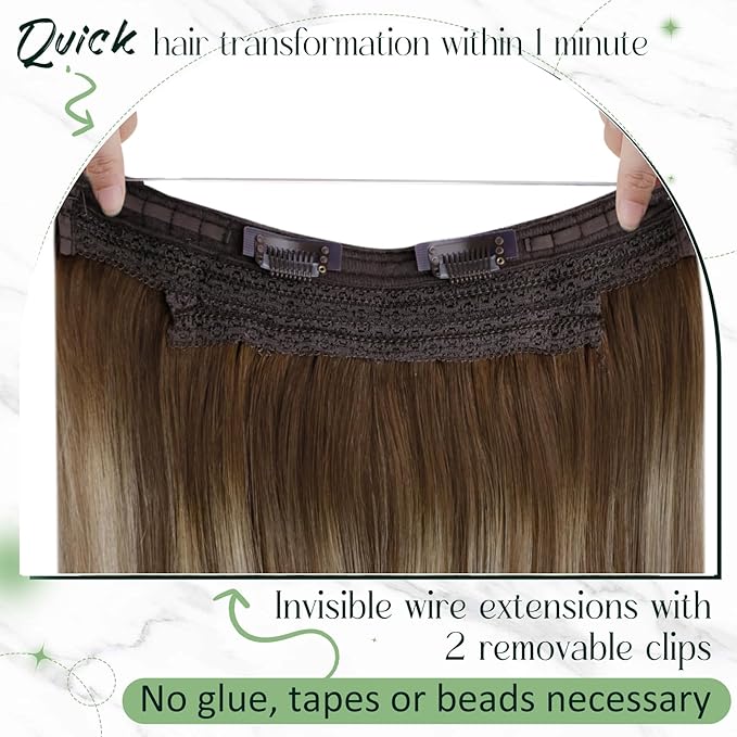 RUNATURE Wire Hair Extensions Real Human Hair 18 Inch, 80g One Piece, Invisible Wire Hair Extensions Brown Balayage, Long Hair Extension for Women, Add Hair Thickness #3/8/22 Brown Ombre Blonde
