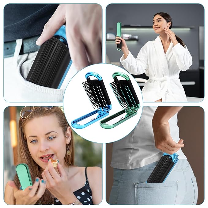 Mini Folding Compact Hair Brush with Mirror for Women and Girls, Massage and Pocket Comb for Travel, Gym, Purse, Swimming (Blue & Green)