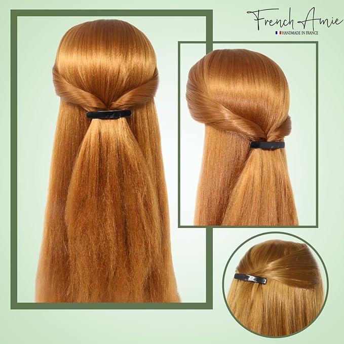 French Amie Small 2 1/4 inch Celluloid Handmade Hair Barrette No Slip Grip Durable Styling Women Hair Accessories Hair Clip for Girls, Made in France(Black)