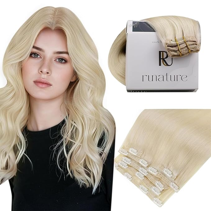RUNATURE Blonde Clip in Hair Extensions Real Human Hair 18 Inch 120g 7pcs Real Hair Extensions Clip Ins Human Hair Extensions Clip in Double Weft Straight Hair #60 Platinum Blonde