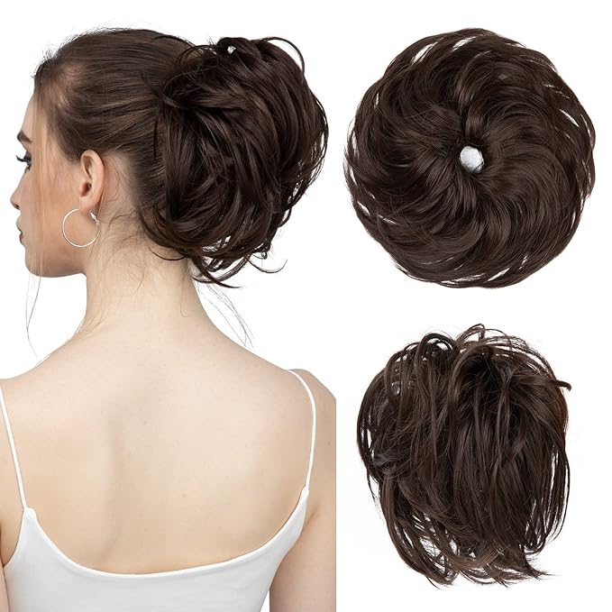 SARLA Messy Hair Bun Hair Pieces Curly Synthetic Updo Fake Scrunchies Ponytail Extension for Women Dark Brown 1PCS