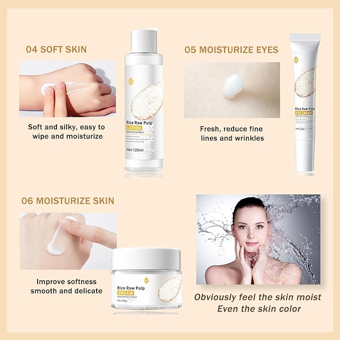 Skincare Gifts for Teenage Girls - Rice Raw Pulp Skin Care Sets & Kits - 6PCS Pamper Gifts for Women with Facial Cleanser-Toner-Eye Cream-Essence-Emulsion-Cream - Gift Set for Firming Hydrating Skin